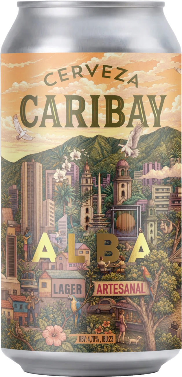 Lata original de Caribay Alba, con ilustración de paisaje venezolano y las águilas de la leyenda